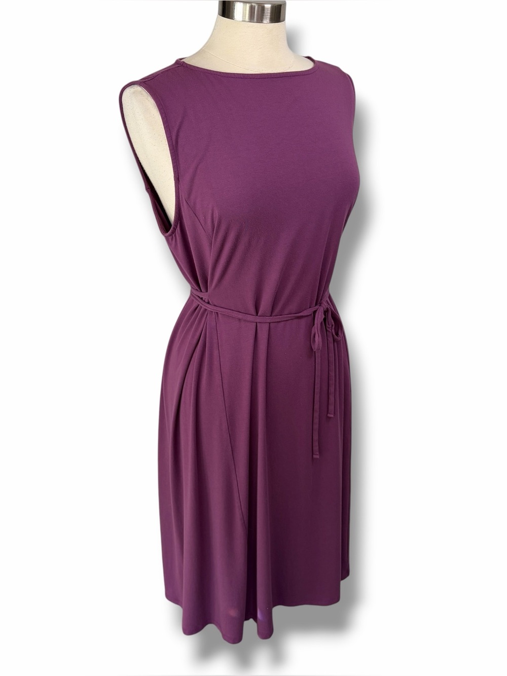 EILEEN FISHER Purple Boat Neck Midi Shift Dress Attached Tie Belt, XL - Picture 4 of 9